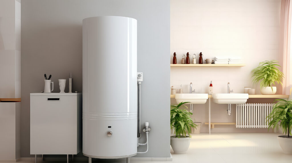 Modern white hot water cylinder installed in a minimalist bathroom, with double sinks, indoor plants, and natural light creating a clean, energy-efficient home interior.